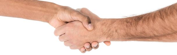 partial view of interracial men shaking hands isolated on white, banner - Foto, imagen