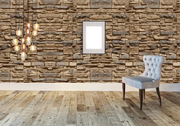 空のリビングルームのインテリア装飾現代のランプや木製の床、石の壁のコンセプト。家やオフィスホテルの装飾的な背景。3Dイラスト - 写真・画像