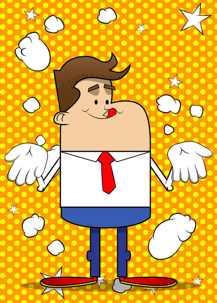 Caricatura retro simple de un hombre de negocios mostrando algo con ambas manos o expresando no saben gesto. Empleado de finanzas profesional camisa blanca con corbata roja. - Vector, imagen