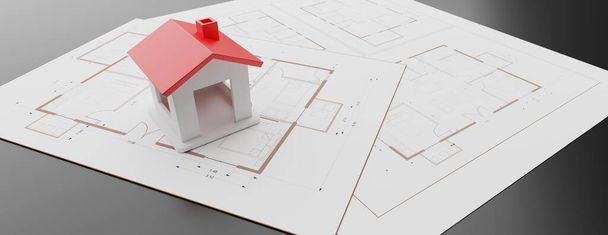 Архітектурний дизайн, план, модель житлового будівництва, невеликий будинок з червоним дахом на архітектурних кресленнях. 3d ілюстрація
 - Фото, зображення