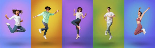 Happy multiracial young people jumping on different color neon backgrounds, panorama - Foto, Bild