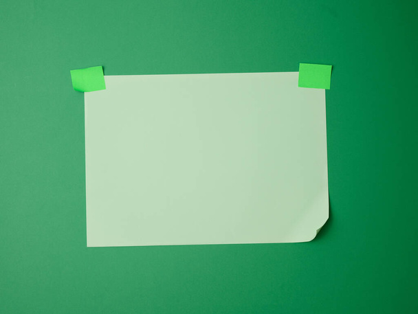 feuille verte vierge rectangulaire collée avec du papier collant vert sur fond vert - Photo, image