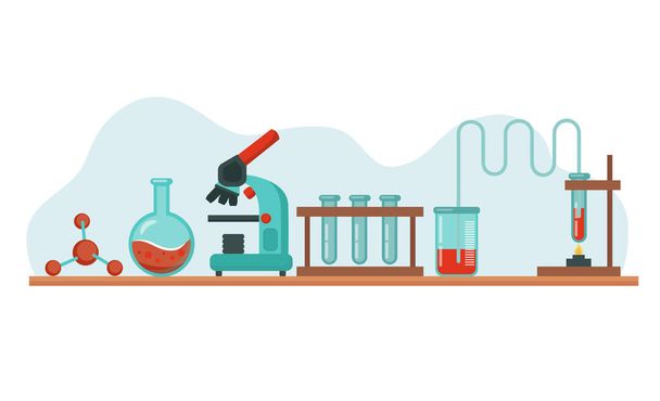 Laborausrüstung - chemische Becher, Mikroskop, Flaschen. Vektor bunte Cartoon-Stil Illustration auf weißem Hintergrund. - Vektor, Bild
