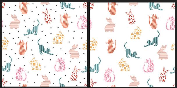 Set of vector seamless patterns. Contours of cats and rabbits with geometric patterns in the middle on a white isolated background.  - Vektor, Bild