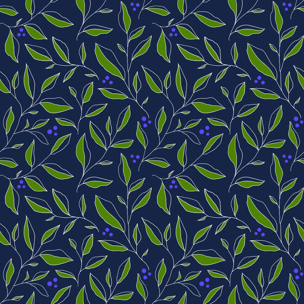 Seamless pattern with branches of blueberry. Vector floral background with stylized leaves and berries. Hand drawn design elements for fabric, print, cover, banner, invitation. - Vektori, kuva