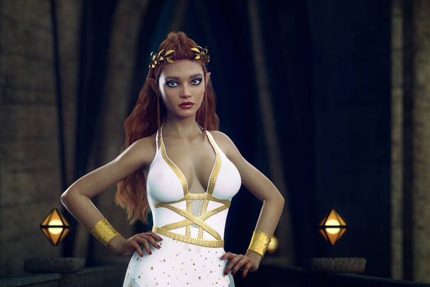 Beautiful redhead elf princess in a white dress posing on a bridge outside an elven castle. 3D rendering fantasy character portrait. - Foto, Bild