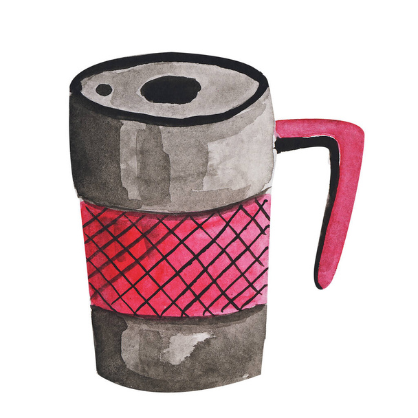 akvarelli elementti termokuppi kuumia juomia vaaleanpunainen - Valokuva, kuva