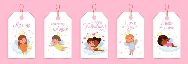 Colección de etiquetas para el día de San Valentín con cupidos, ángeles infantiles y letras lindas aisladas sobre fondo blanco - Vector, Imagen