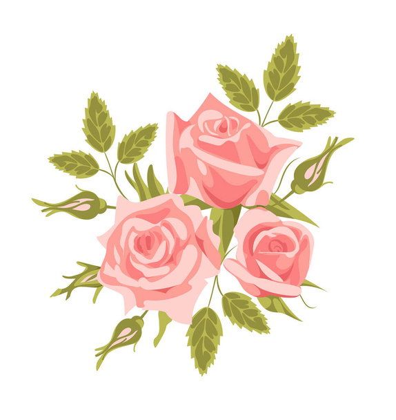 Bouquet of vintage English roses. Delicate pink flower buds with leaves, realistic style. For Valentines Day, weddings, stickers, posters, postcards, design elements - Vektör, Görsel