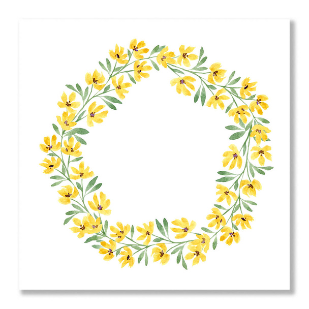 Flower wreath. Watercolor wreath with flowers of wild yellow flowers. Beautiful invitation, greeting card isolated on white. Mothers and valentines day card. Blank template. - Foto, Imagen