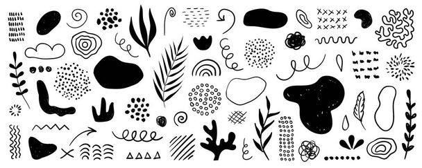 Organic shapes, spots, plants, lines, dots. Vector set of minimal trendy abstract hand drawn elements for graphic design - Vektor, Bild