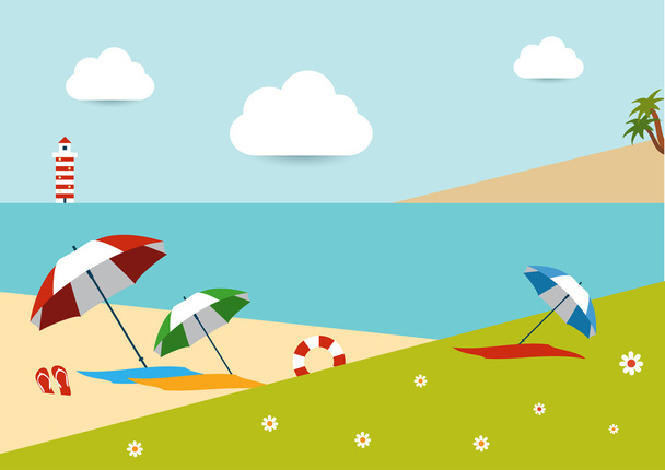Día de playa soleada. Paraguas de varios colores en la isla tropical
. - Vector, Imagen