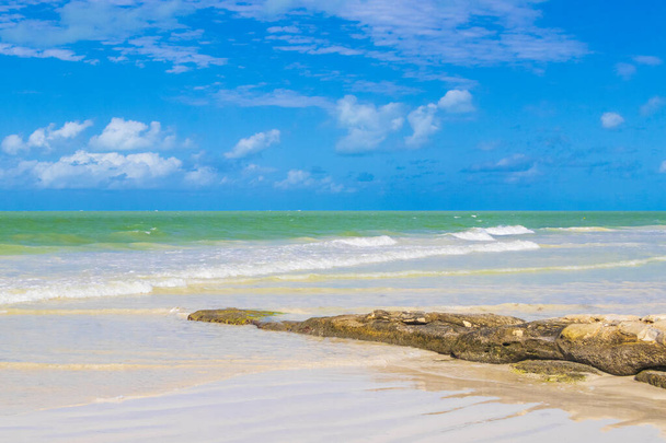 Panorama landscape view on beautiful Holbox island sandbank and beach with waves turquoise water boulders rocks and stones in Quintana Roo Mexico. - Foto, Imagen