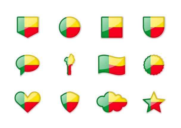 Benin - set of shiny flags of different shapes. Vector illustration - Vektor, kép