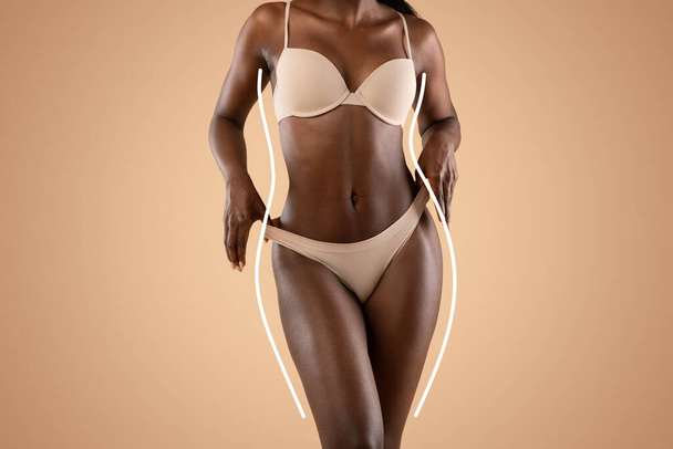 Black model in underwear demonstrating her perfect body, collage - Photo, Image