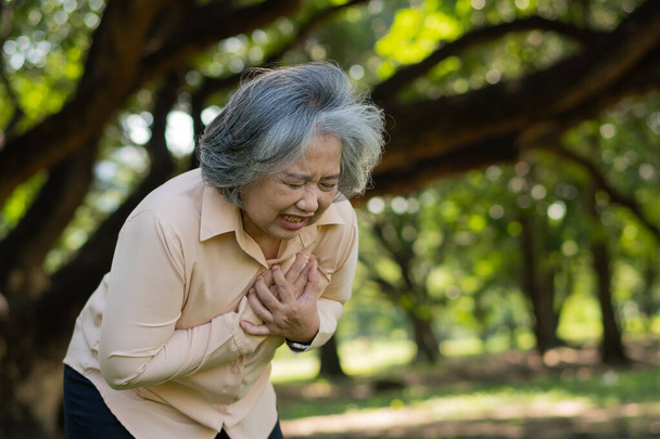 Senior asijské ženy problém bolesti na hrudi nebo infarkt venkovní v parku, srdeční problémy, starší žena s bolestí na hrudi trpí srdečními chorobami, zdravotní péče a nemoci koncepce - Fotografie, Obrázek