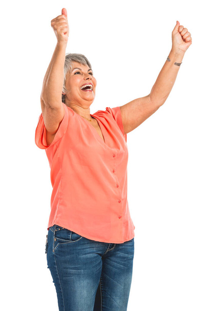 Happy old woman with both arms on the air, isolated on a white background - Foto, Imagem