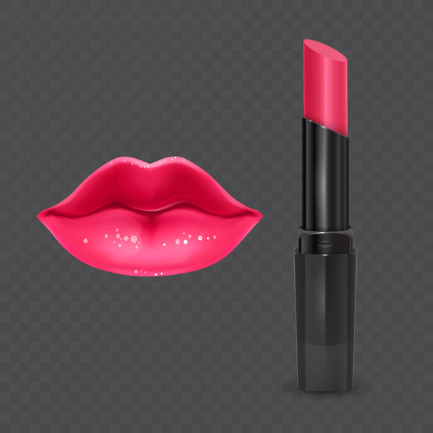 Set Lippenstifte in Farbe. Roter Lippenstift, rosa Lippenstift auf dunklem Hintergrund, Vektorformat - Vektor, Bild