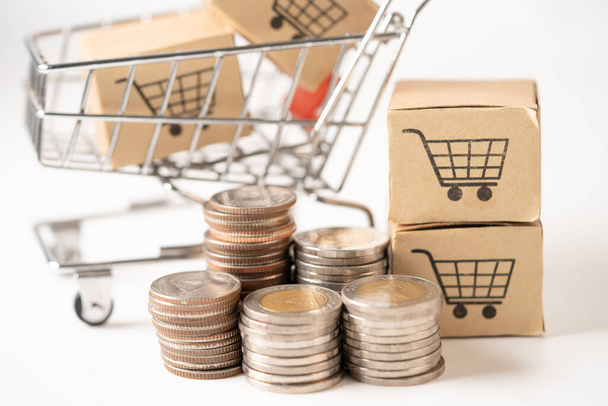 Shopping cart logo on box with coins. Banking Account, Investment Analytic research data economy, trading, Business import export online company concept. - Foto, imagen