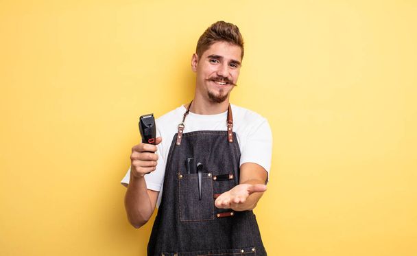 hipster barber man smiling happily with friendly and  offering and showing a concept - Фото, зображення