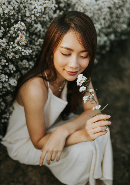 Portrait of thai woman sitting in white flower field - Foto, immagini