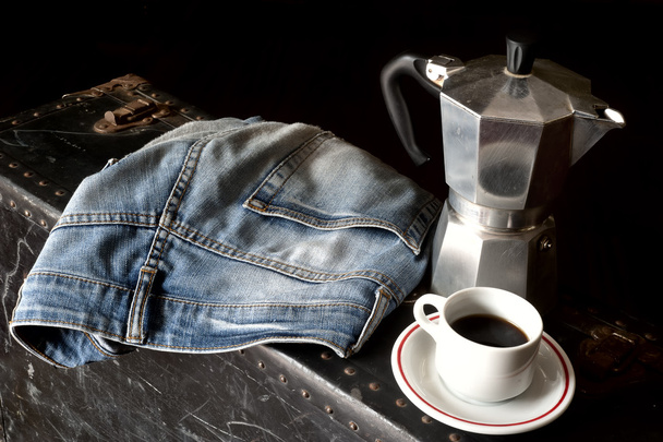 Espresso coffee, espresso maker and dirty jeans - Fotó, kép
