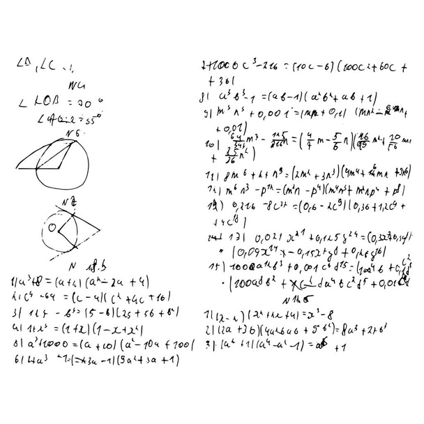 Set di formule matematiche e soluzioni a problemi ed equazioni. Compiti di uno studente. Immagine vettoriale dei compiti di algebra e geometria. - Vettoriali, immagini