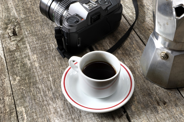 Espresso coffee, espresso maker and vintage camera - Fotó, kép