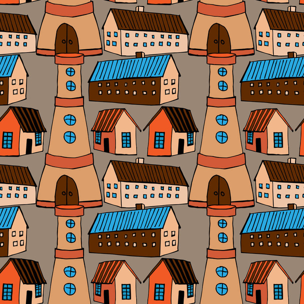 Vector simple drawing of houses in the city. City landscape, many small houses. - Vetor, Imagem
