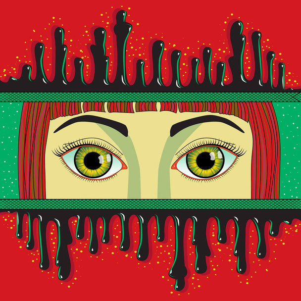 Τα γυναικεία μάτια κοιτάζουν μέσα από μια τρύπα με πολύχρωμο φόντο. Ένα κορίτσι με κόκκινα μαλλιά, πράσινα φρύδια και πράσινα μάτια.. - Διάνυσμα, εικόνα