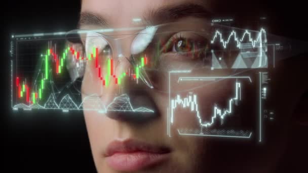 Digital goggles holographic graph projection showing financial benefits closeup - Materiał filmowy, wideo