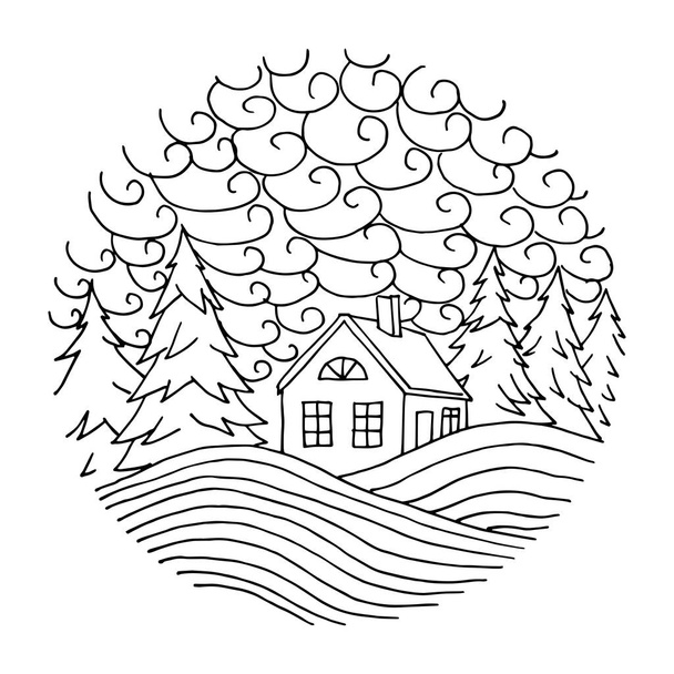 House in the forest between the Christmas trees. - Vector, afbeelding