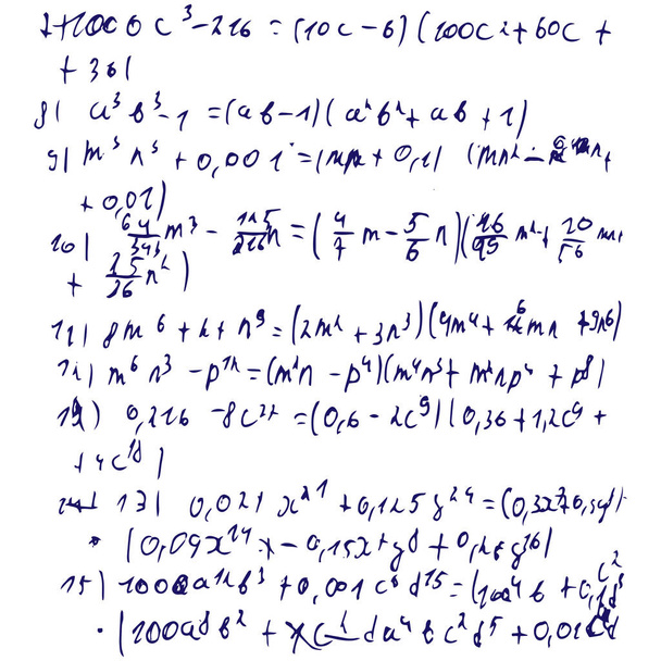 Conjunto de fórmulas matemáticas y soluciones a problemas y ecuaciones. La tarea de un estudiante. Imagen vectorial de tareas de álgebra y geometría. - Vector, imagen