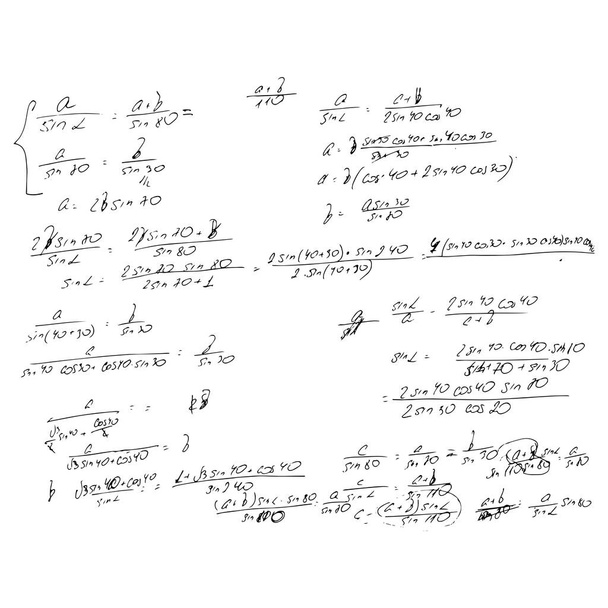 Set of mathematical formulas and solutions to problems and equations. Homework of a student. Vector image of algebra and geometry tasks. - Vector, Image