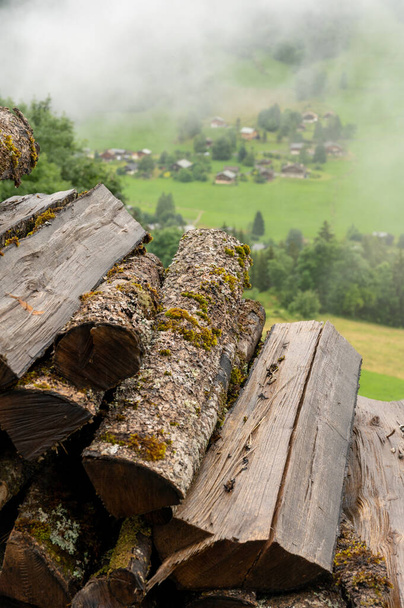 Vista panorámica de los verdes bosques alpinos de abetos y pinos y prados cerca de Saint-Gervais-les-Bains, Saboya. Francia en verano - Foto, imagen