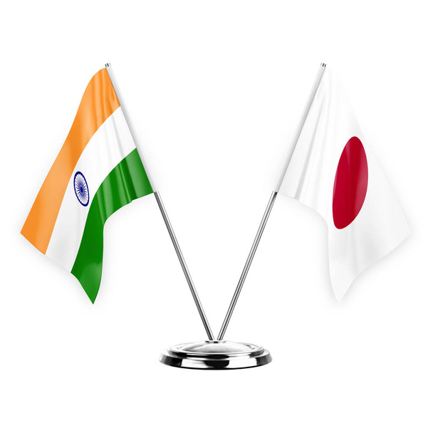 Two table flags isolated on white background 3d illustration, india and japan - Фото, изображение
