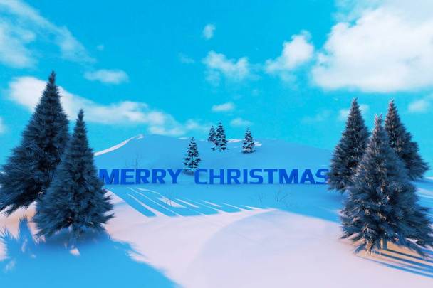 3D illustration of a winter landscape with the inscription Marry Christmas. Winter landscape with green Christmas trees and snowdrifts, winter day before Christmas. Christmas illustration. 3D graphics - Fotoğraf, Görsel