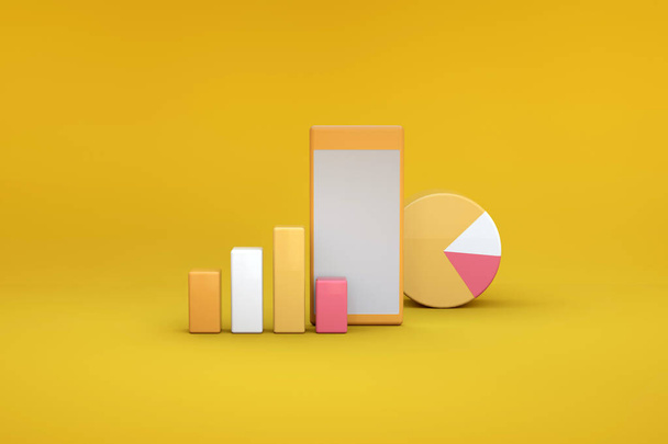 3D illustration of graphs and diagrams on a yellow isolated background. 3D illustration of objects and 3D orange icons on an isolated background. Statistics, charts, graphs, reports. - Foto, imagen