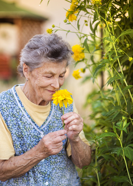 Senior woman with flower in garden - Fotoğraf, Görsel
