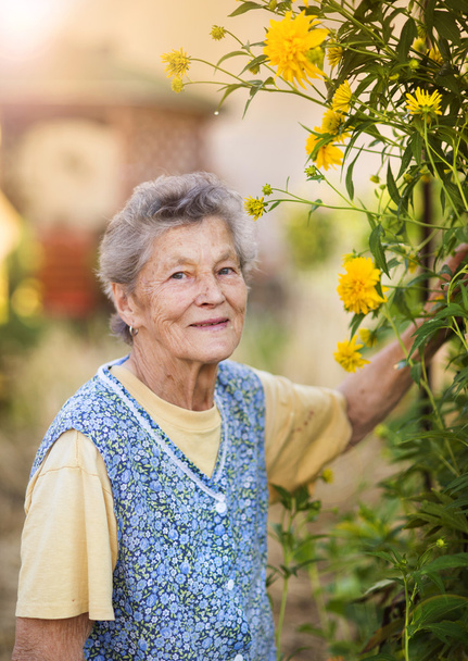 Senior woman in apron with flower - Valokuva, kuva
