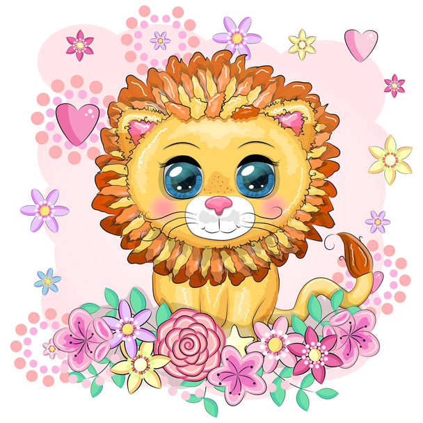 Cartoon lion with expressive eyes with flowers. Wild animals, character, childish cute style - Вектор, зображення