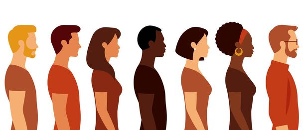 Multi-ethnic group of different people. Handsome men and beautiful women. The Line of people one direction. Abstract portraits, side view, isolated. Modern vector illustration. - Vector, Image
