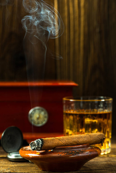 Traditional Cohiba Cuban Cigar on Wooden Table. - Valokuva, kuva