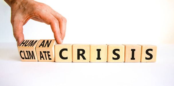 Climate or human crisis symbol. Businessman turns wooden cubes and changes words climate crisis to human crisis. Beautiful white background, copy space. Ecological climate or human crisis concept. - Foto, afbeelding