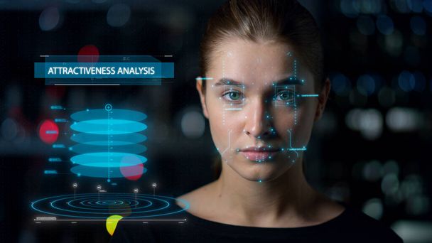 Close up attractiveness analysis face scan process researching woman biometrics - Valokuva, kuva