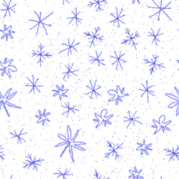 Hand Drawn Snowflakes Christmas Seamless Pattern. Subtle Flying Snow Flakes on chalk snowflakes Background. Alive chalk handdrawn snow overlay. Fabulous holiday season decoration. - Foto, afbeelding