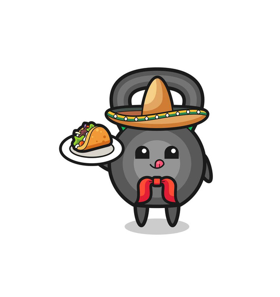 Kettlebell Μεξικάνικη μασκότ σεφ κρατώντας ένα τάκο, χαριτωμένο σχεδιασμό - Διάνυσμα, εικόνα