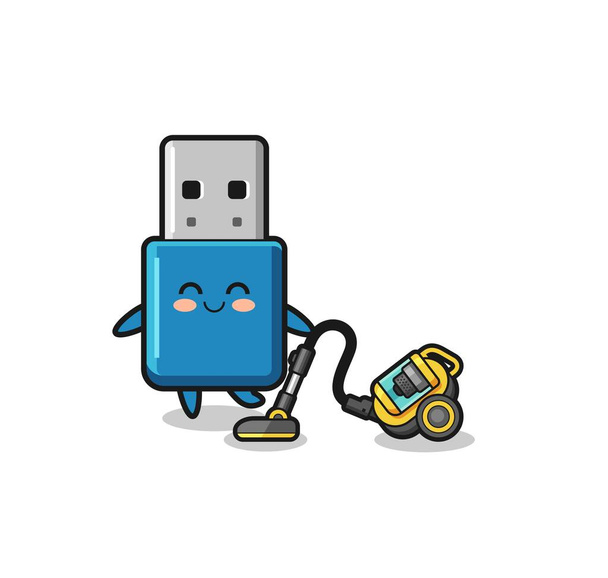 cute flash drive usb holding vacuum cleaner illustration , cute design - Vector, Image