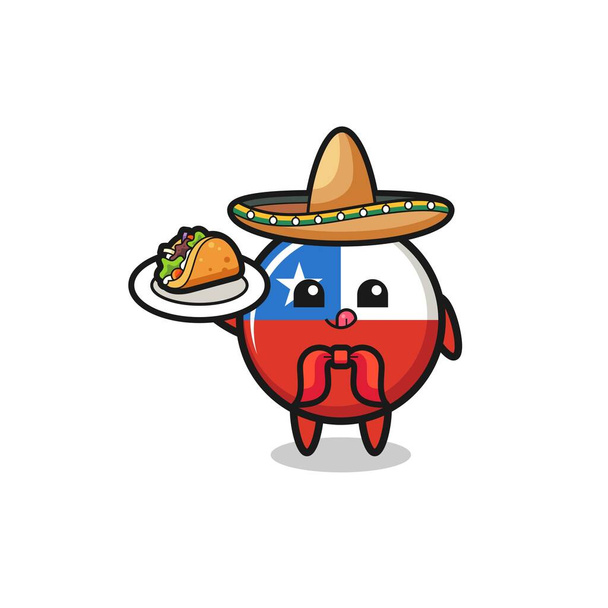 chile flag Mexican chef mascot holding a taco , cute design - Вектор,изображение