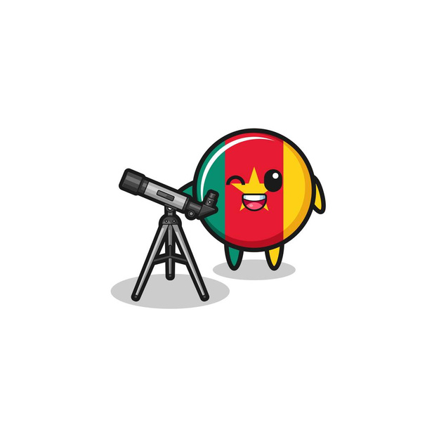 cameroon flag astronomer mascot with a modern telescope , cute design - Wektor, obraz